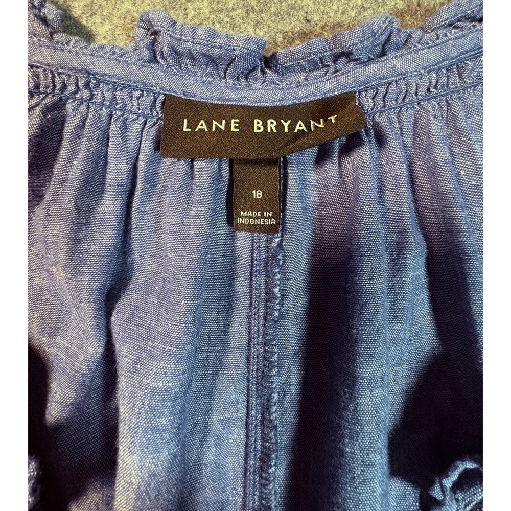 Lane Bryant Blue Chambray Tie Front Ruffle Neck Button Down Top Womens Plus 18 - Picture 2 of 13
